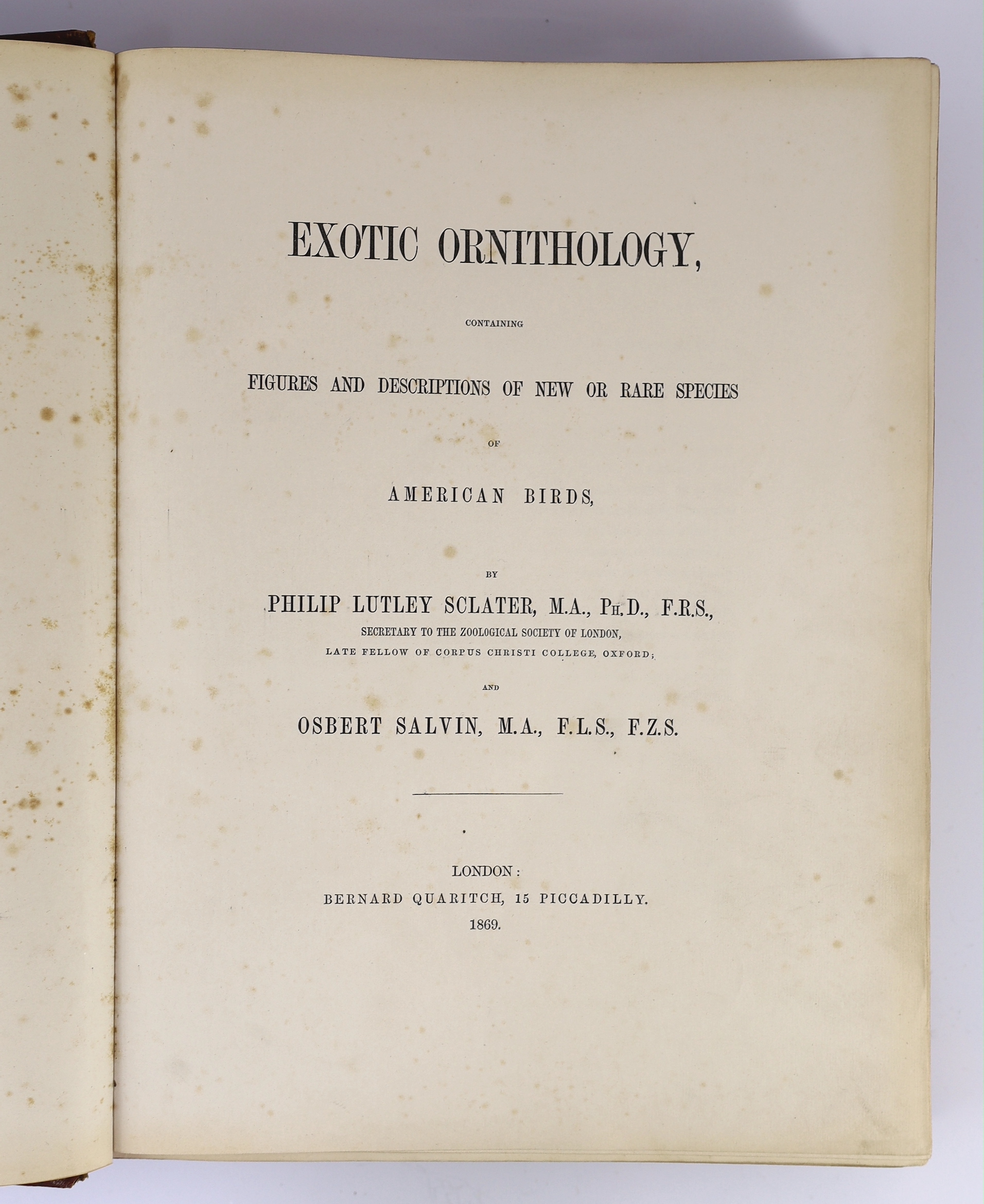 Sclater, Philip Lutley & Salvin, Osbert - Exotic Ornithology, containing Figures and Descriptions of New or Rare Species of American Birds. 100 hand-coloured plates and a few text figures; old red half morocco and marble